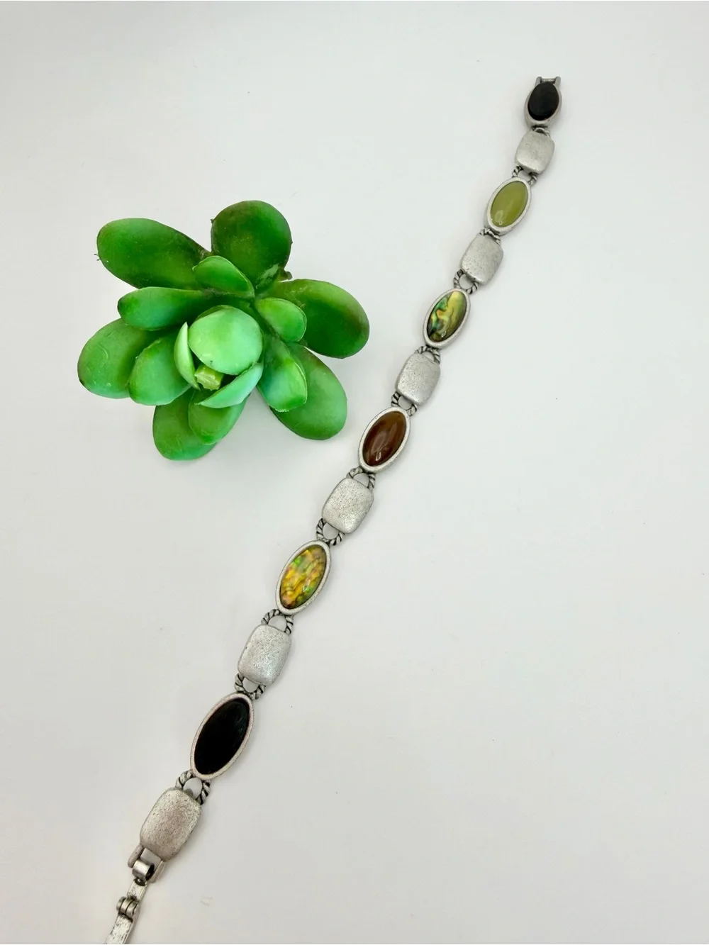 Multi-Stone Silver-Tone Women's Bracelet with Abalone and Colored Inlays